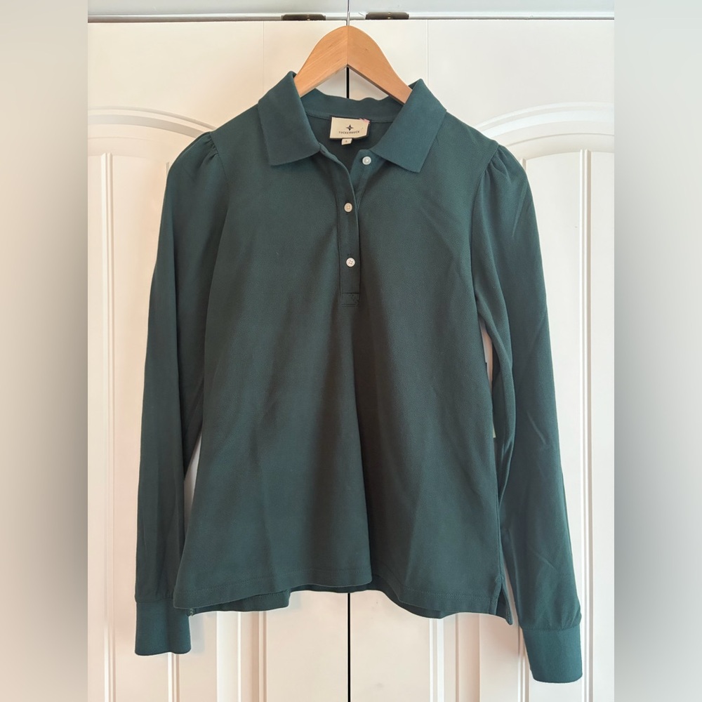 Tuckernuck NWT Women's June Bug Polo Green‎ Cotton Top Sz Small Puff Long Sleeve